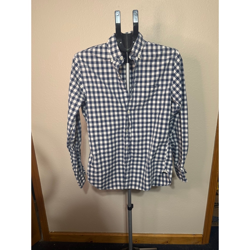 J.Crew Mens Gingham Check Button Down Shirt Navy Blue White 100% Cotton‎ Small S